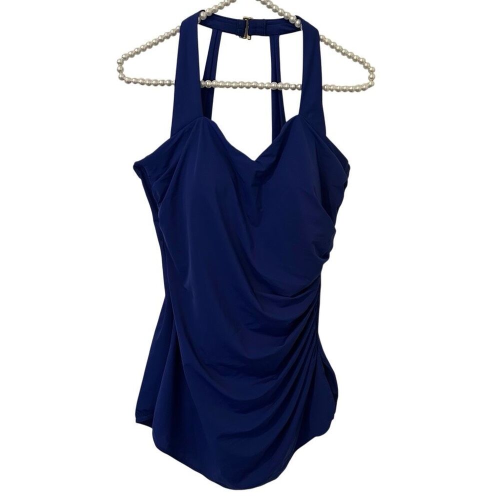 Lands' End Women's blue Slimming One Piece Halter Swimsuit Swimdress Size 14 D